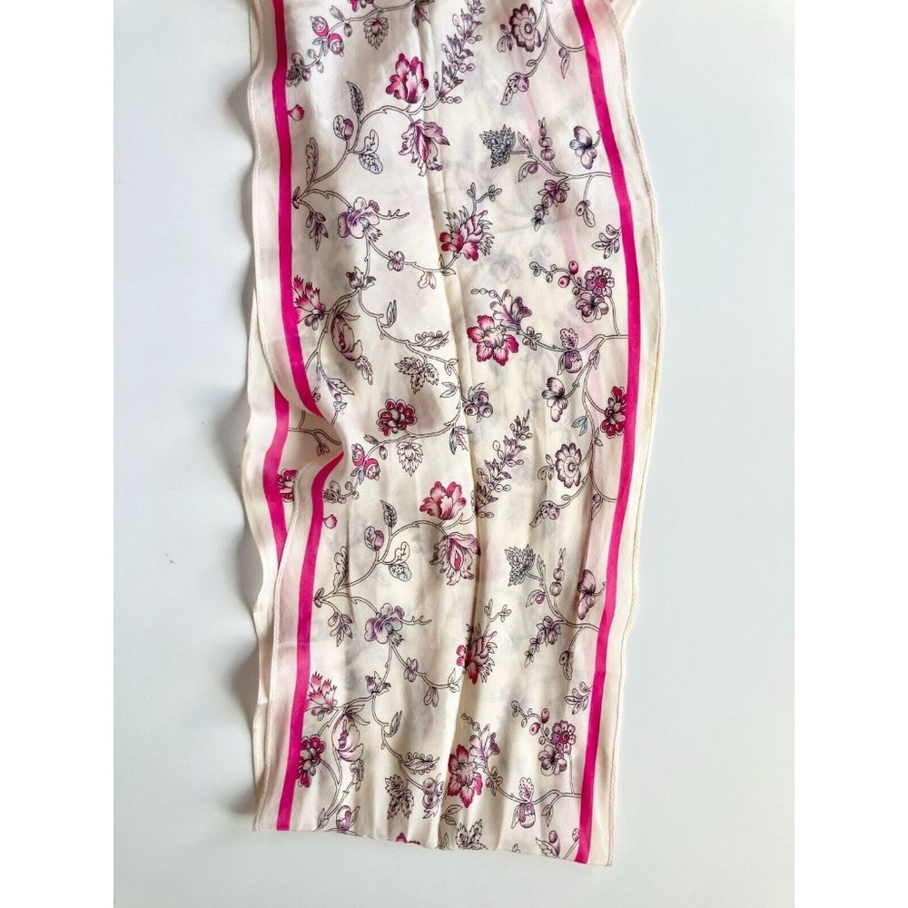 Vintage ANNE KLEIN Pink Ivory Floral Silk Crepe 68" x 8" Long Skinny Scarf - Picture 5 of 11